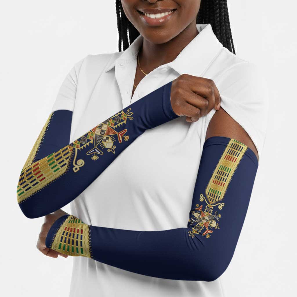 Habesha Kemis Inspired Tilet Pattern Arm Sleeves Royal Blue - Gold