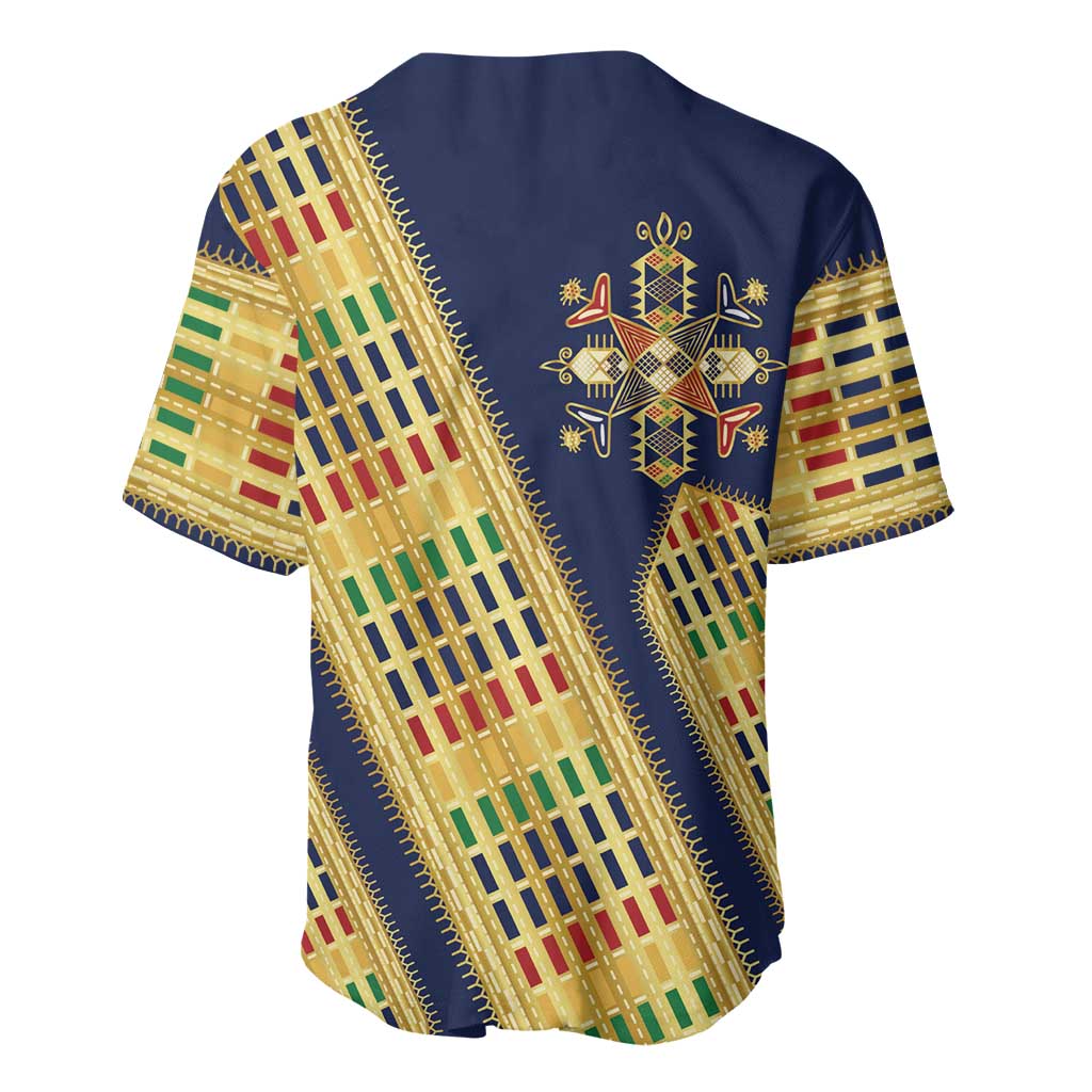 Habesha Kemis Inspired Tilet Pattern Baseball Jersey Royal Blue - Gold