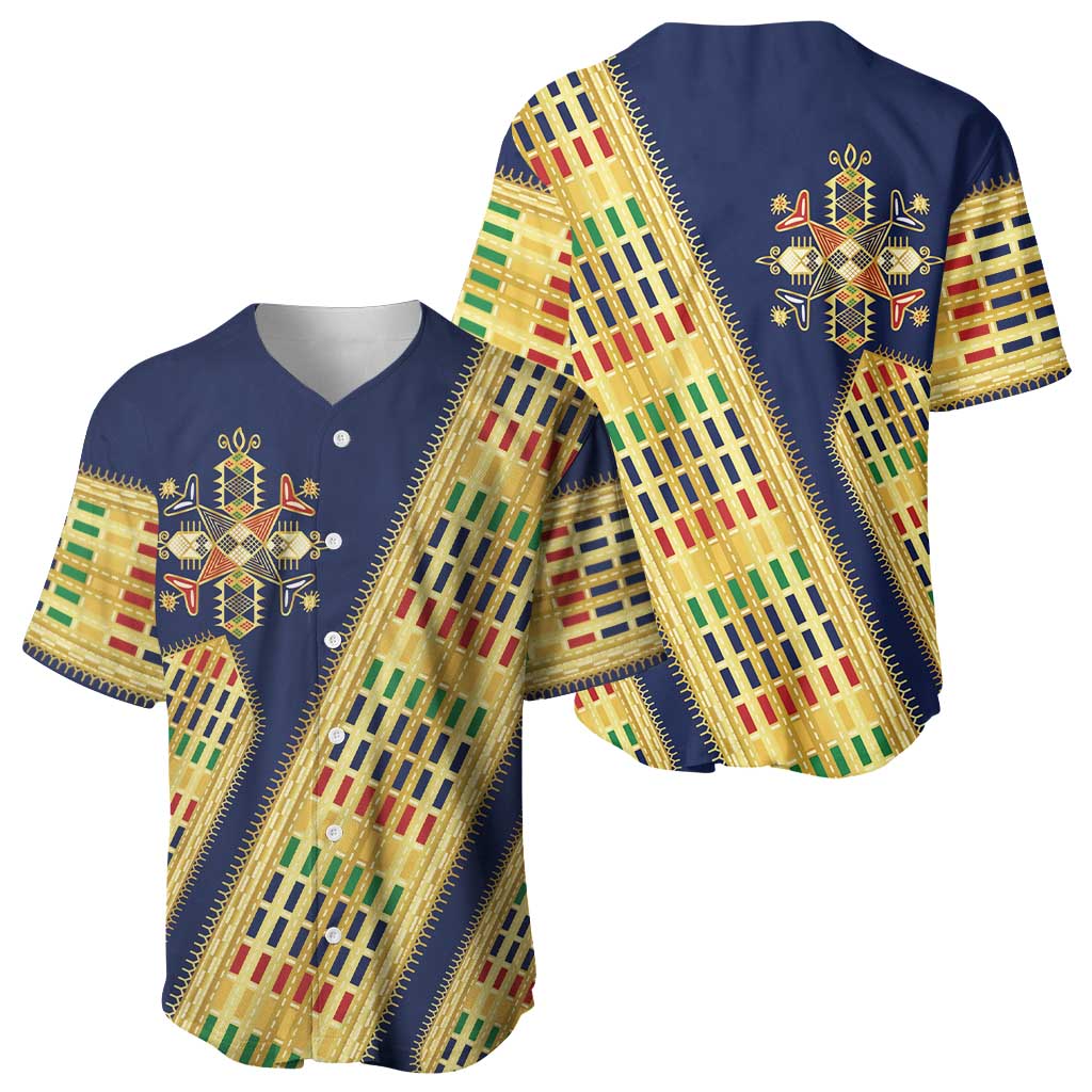 Habesha Kemis Inspired Tilet Pattern Baseball Jersey Royal Blue - Gold