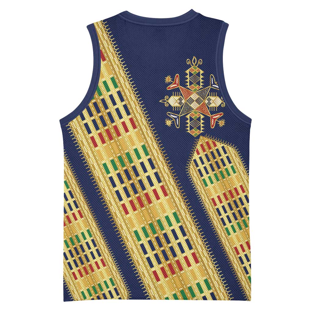 Habesha Kemis Inspired Tilet Pattern Basketball Jersey Royal Blue - Gold
