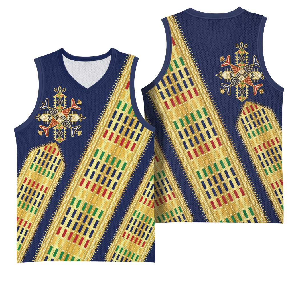 Habesha Kemis Inspired Tilet Pattern Basketball Jersey Royal Blue - Gold