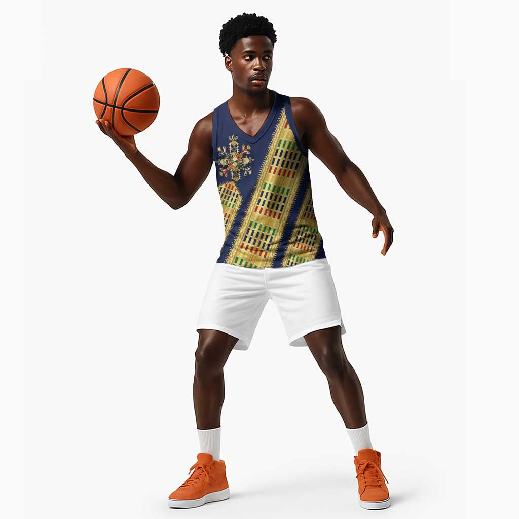 Habesha Kemis Inspired Tilet Pattern Basketball Jersey Royal Blue - Gold