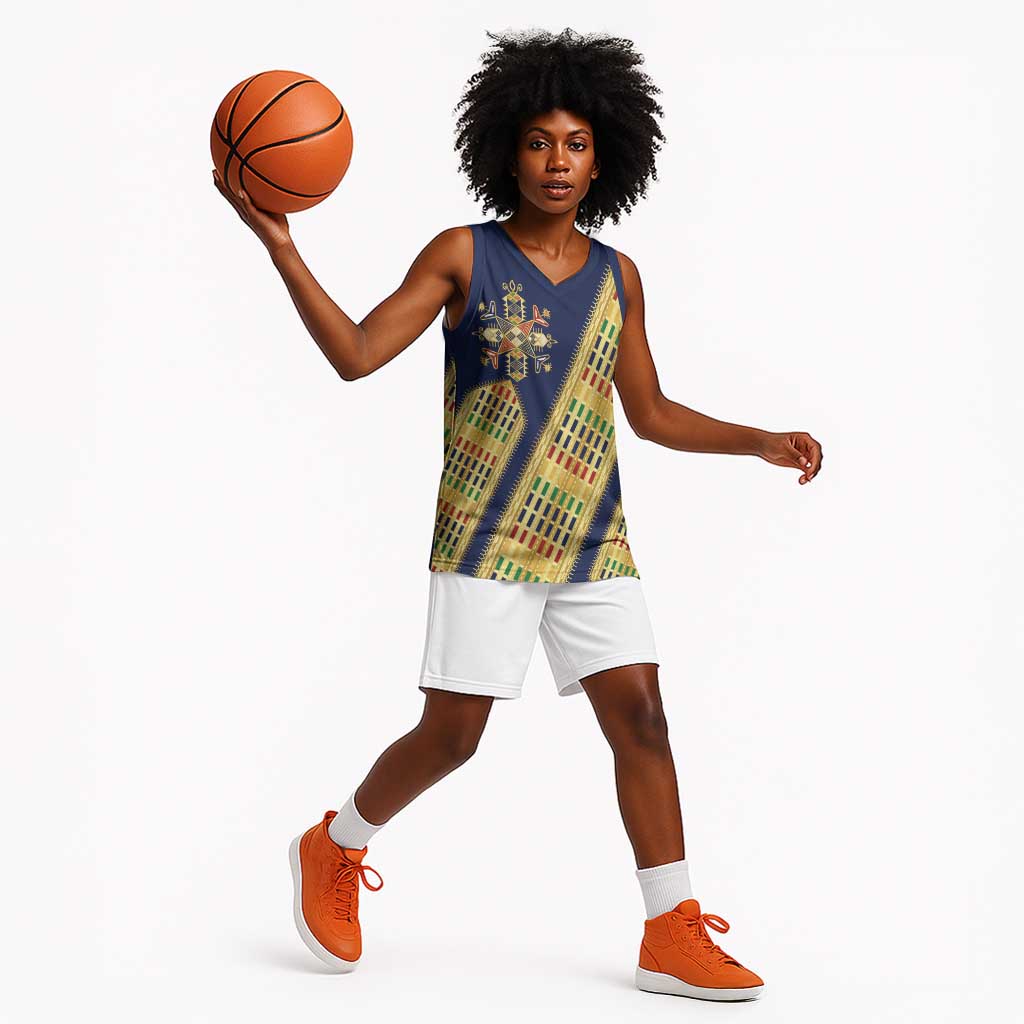 Habesha Kemis Inspired Tilet Pattern Basketball Jersey Royal Blue - Gold