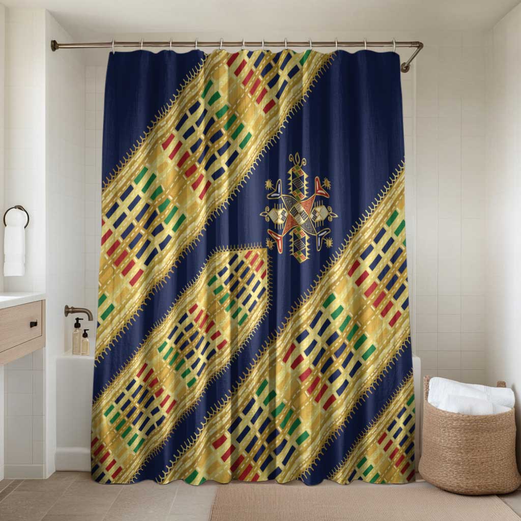 Habesha Kemis Inspired Tilet Pattern Bathroom Set Royal Blue - Gold