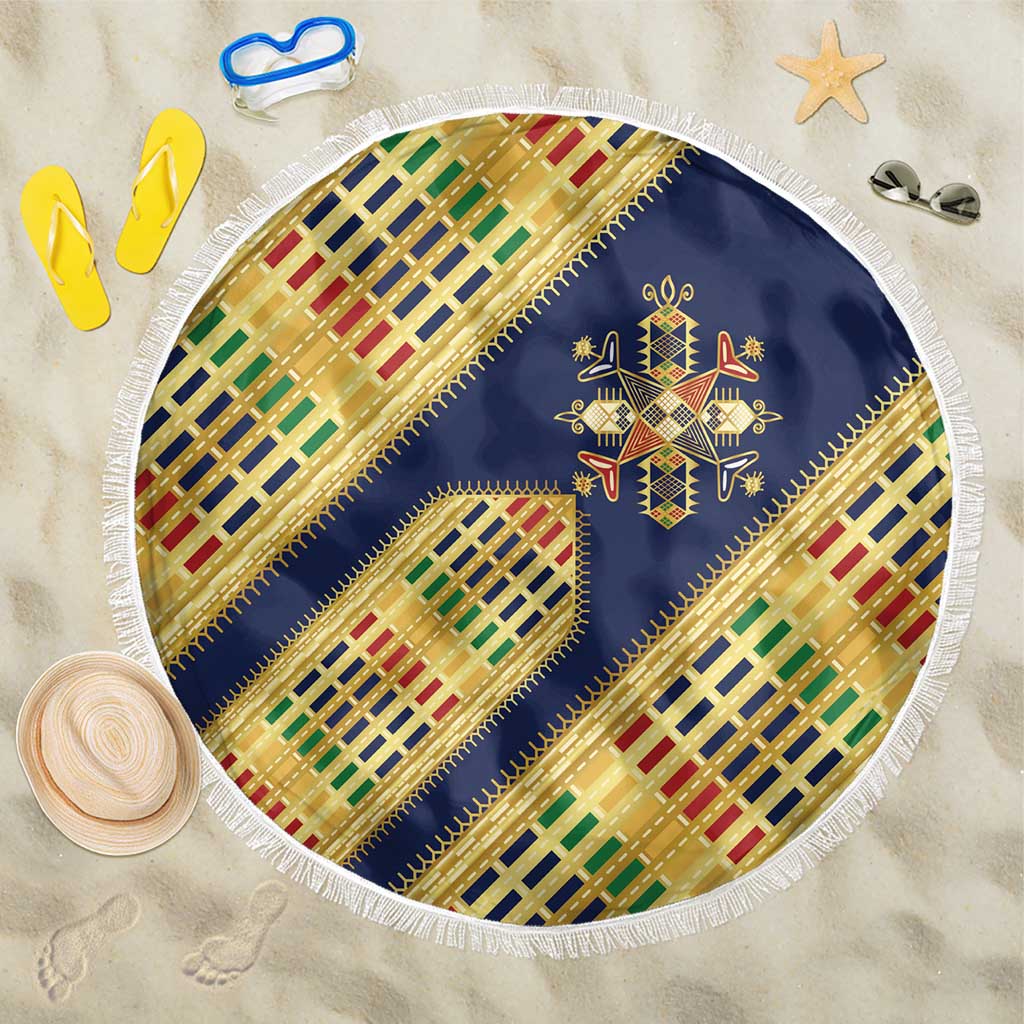Habesha Kemis Inspired Tilet Pattern Beach Blanket Royal Blue - Gold
