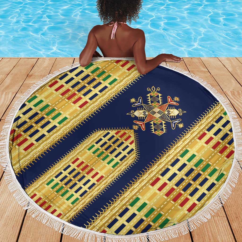 Habesha Kemis Inspired Tilet Pattern Beach Blanket Royal Blue - Gold