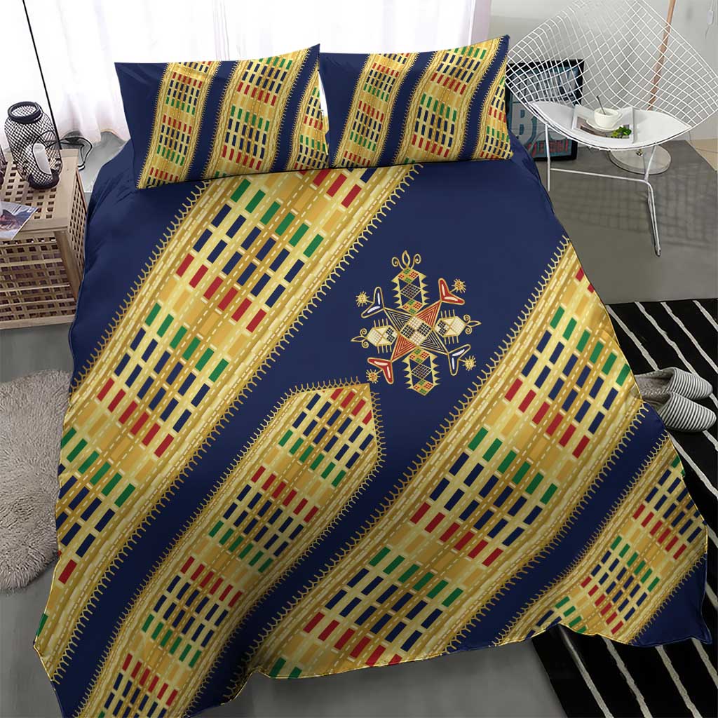 Habesha Kemis Inspired Tilet Pattern Bedding Set Royal Blue - Gold
