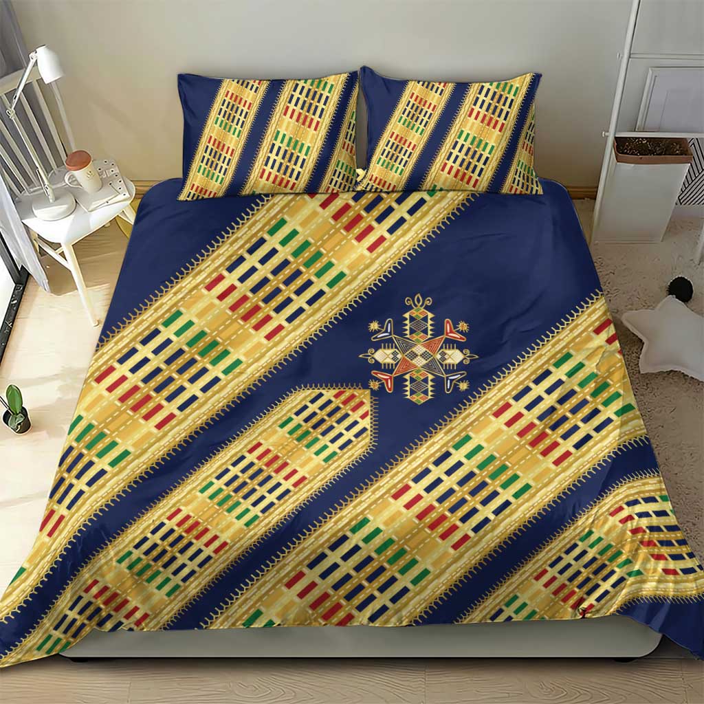 Habesha Kemis Inspired Tilet Pattern Bedding Set Royal Blue - Gold
