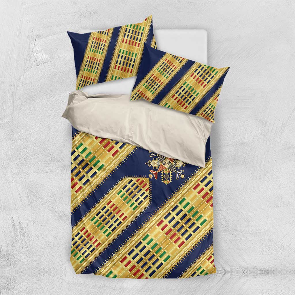Habesha Kemis Inspired Tilet Pattern Bedding Set Royal Blue - Gold