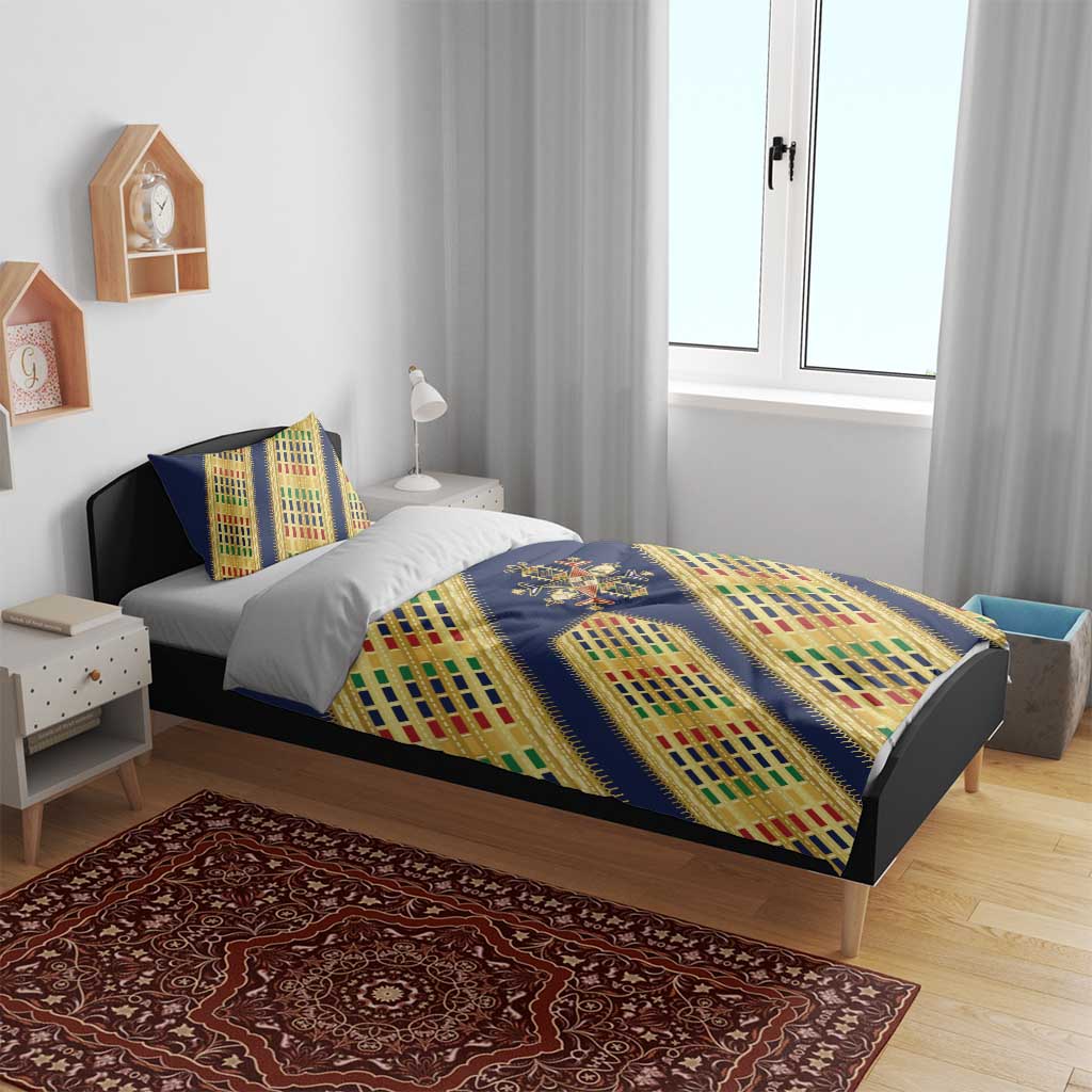 Habesha Kemis Inspired Tilet Pattern Bedding Set Royal Blue - Gold