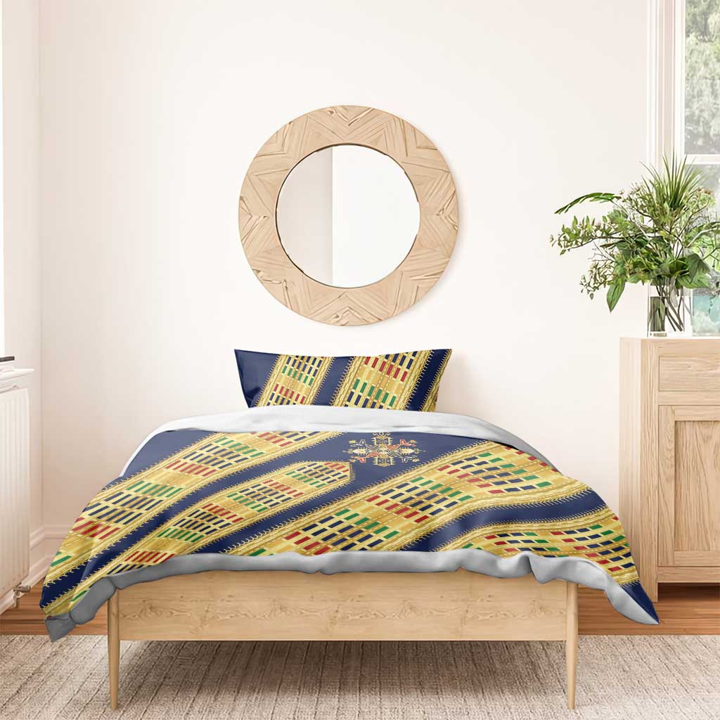 Habesha Kemis Inspired Tilet Pattern Bedding Set Royal Blue - Gold