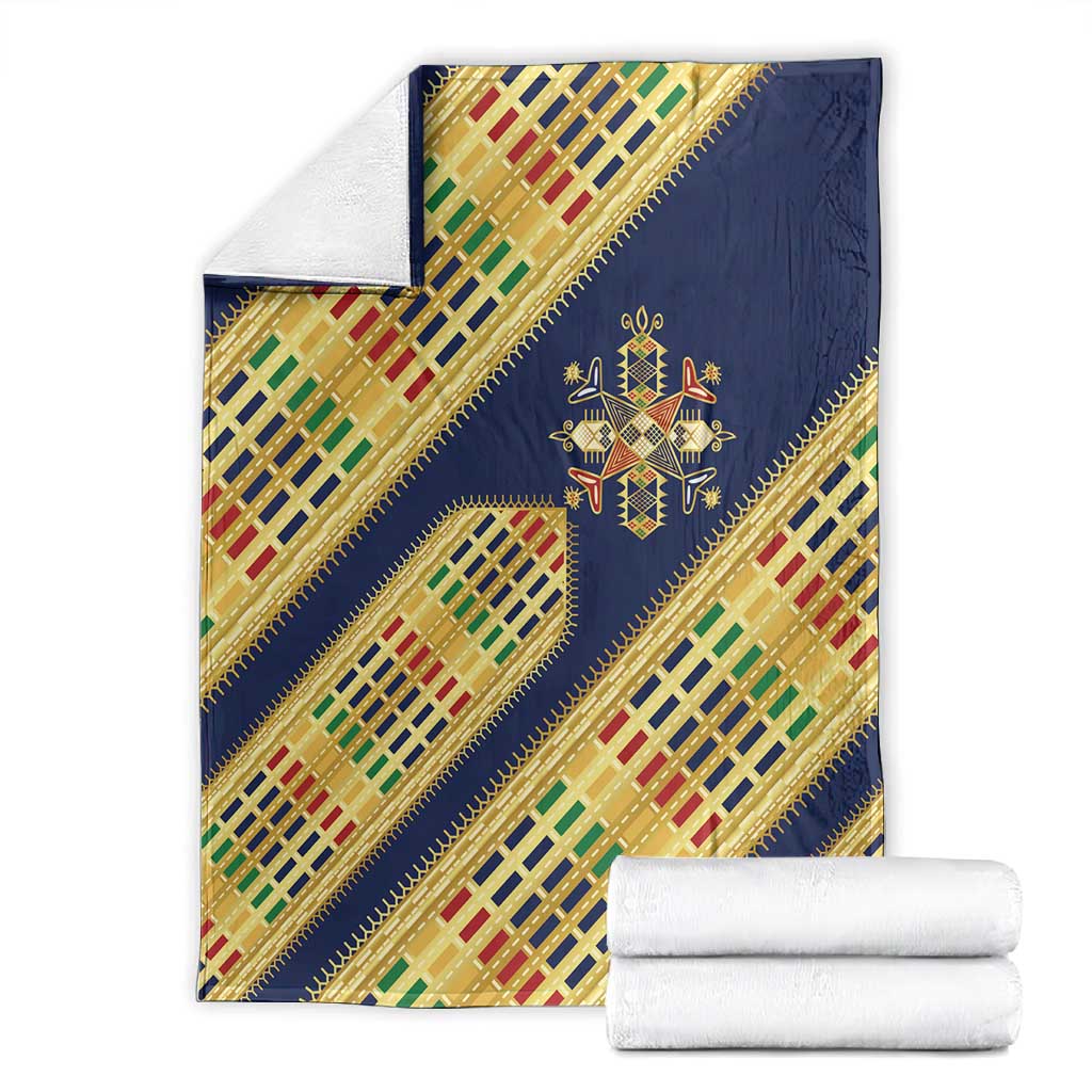 Habesha Kemis Inspired Tilet Pattern Blanket Royal Blue - Gold