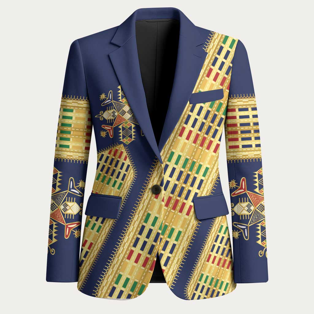 Habesha Kemis Inspired Tilet Pattern Blazer Royal Blue - Gold