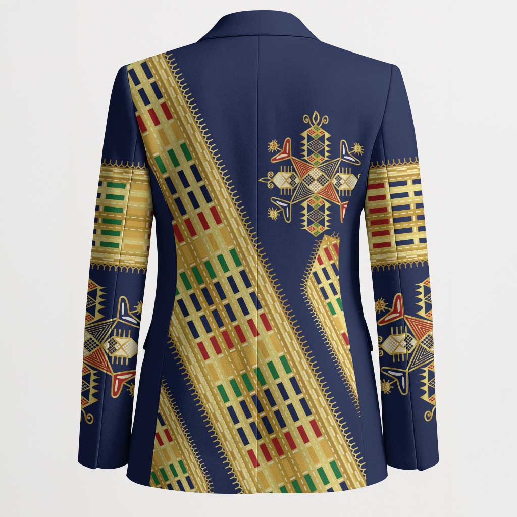 Habesha Kemis Inspired Tilet Pattern Blazer Royal Blue - Gold