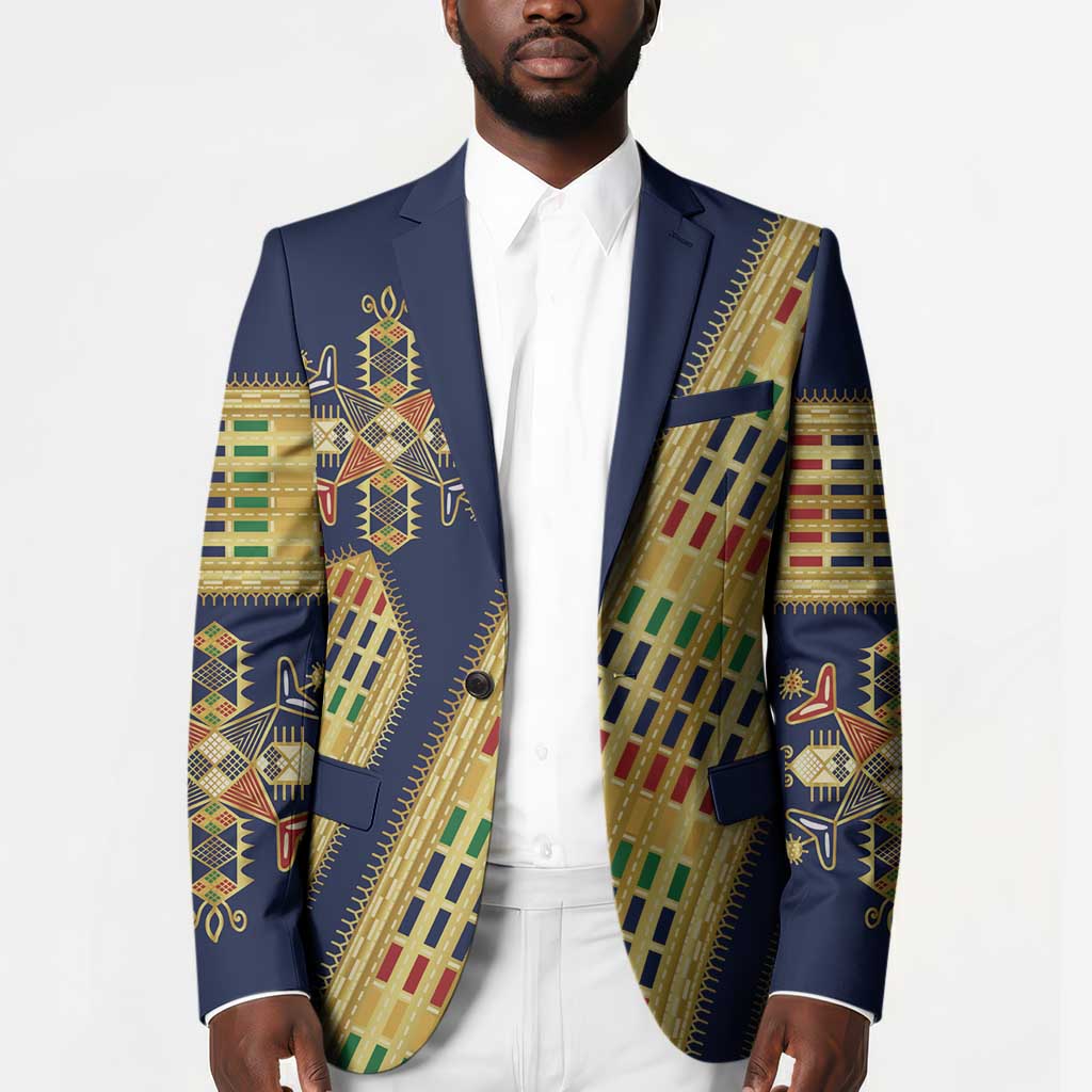 Habesha Kemis Inspired Tilet Pattern Blazer Royal Blue - Gold