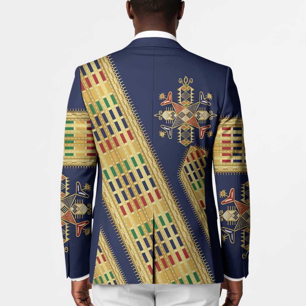 Habesha Kemis Inspired Tilet Pattern Blazer Royal Blue - Gold