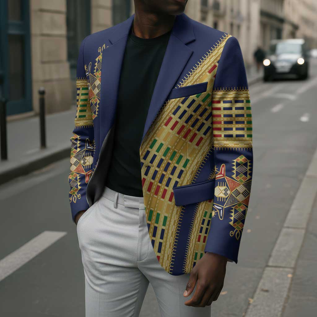 Habesha Kemis Inspired Tilet Pattern Blazer Royal Blue - Gold