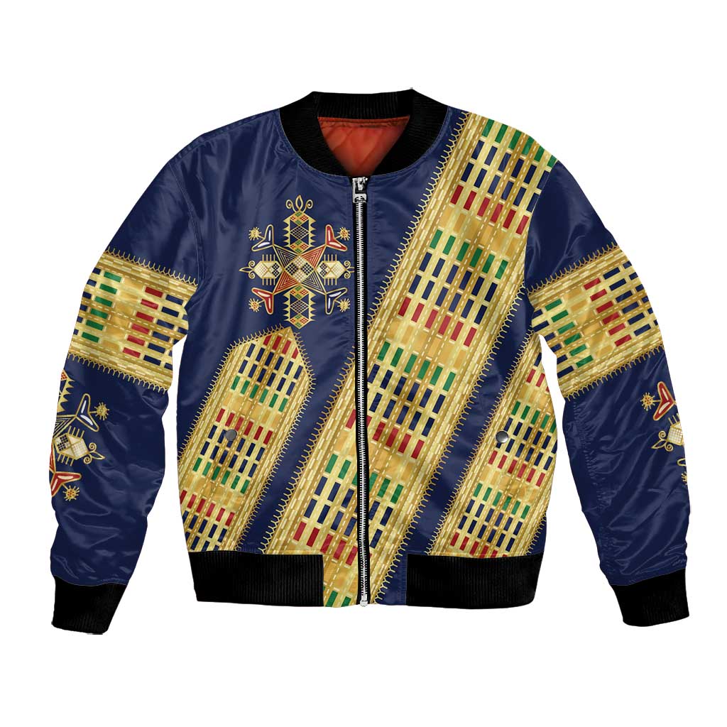 Habesha Kemis Inspired Tilet Pattern Bomber Jacket Royal Blue - Gold
