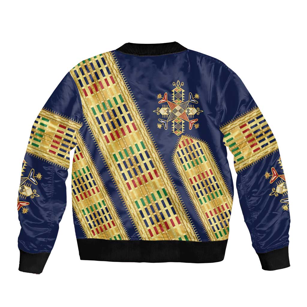 Habesha Kemis Inspired Tilet Pattern Bomber Jacket Royal Blue - Gold