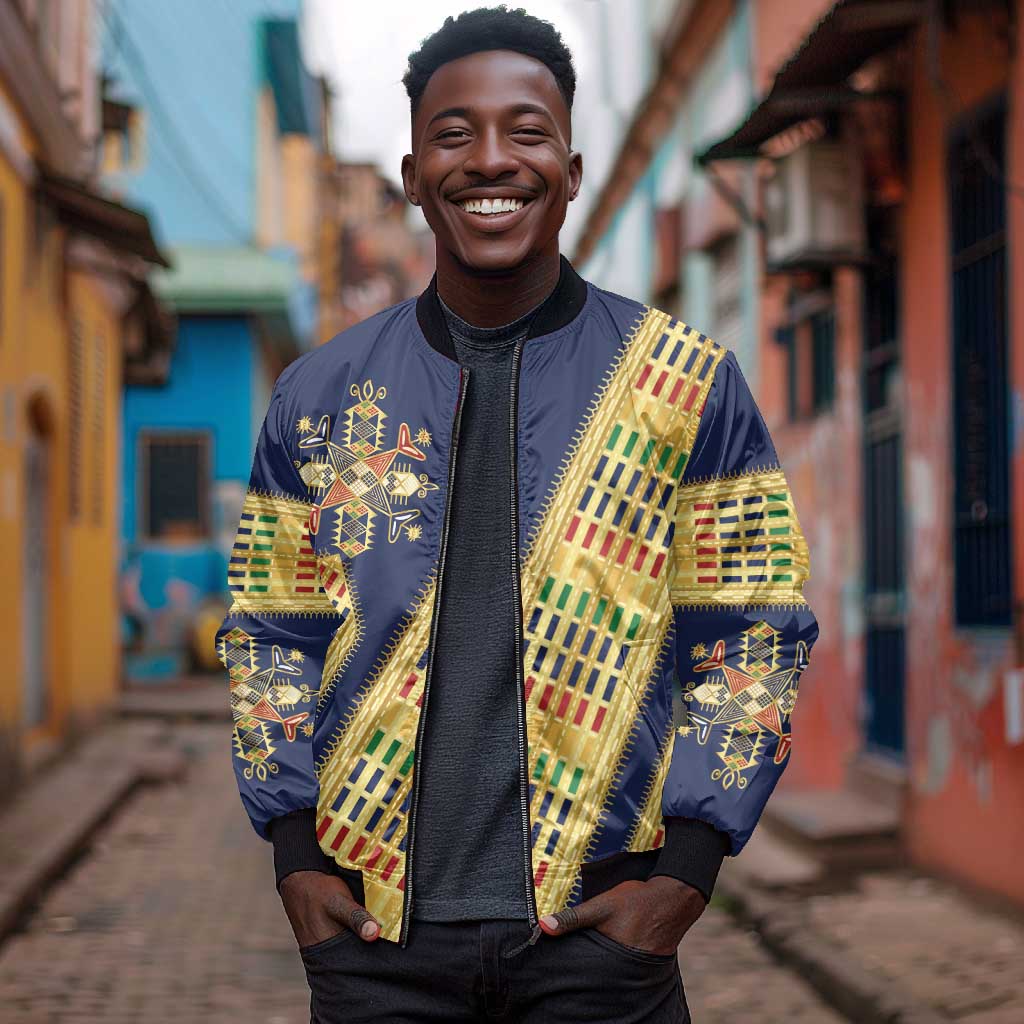 Habesha Kemis Inspired Tilet Pattern Bomber Jacket Royal Blue - Gold