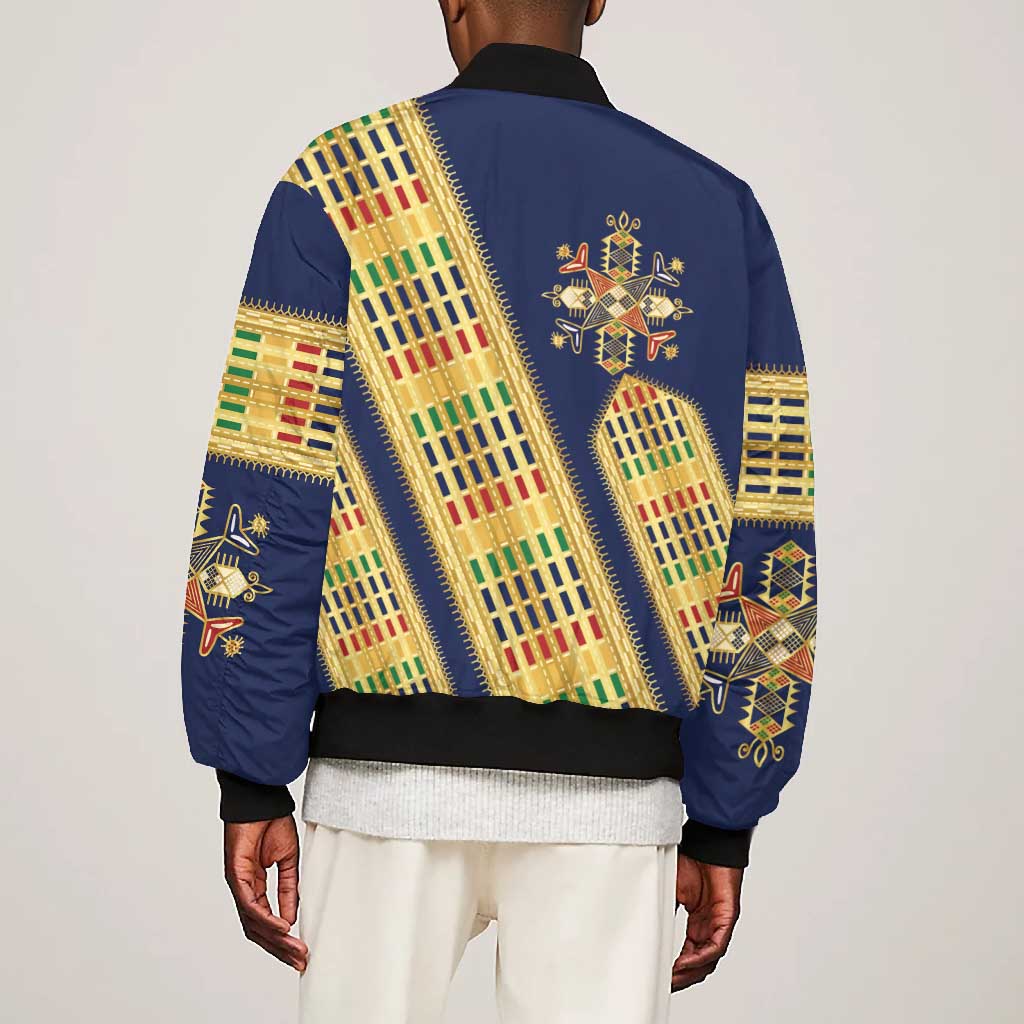 Habesha Kemis Inspired Tilet Pattern Bomber Jacket Royal Blue - Gold