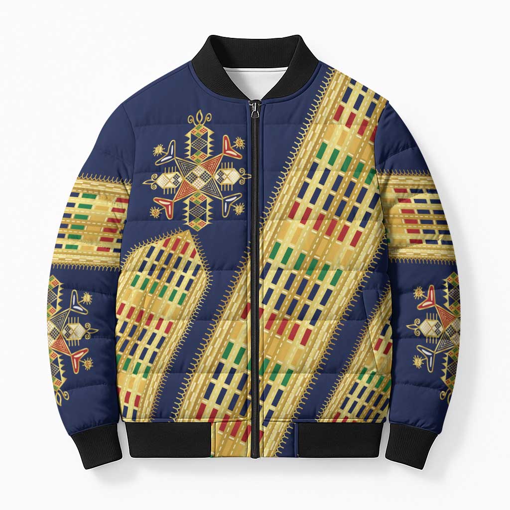 Habesha Kemis Inspired Tilet Pattern Bomber Puffer Jacket Royal Blue - Gold
