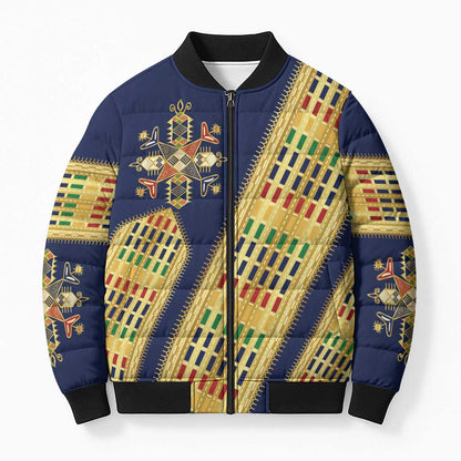 Habesha Kemis Inspired Tilet Pattern Bomber Puffer Jacket Royal Blue - Gold