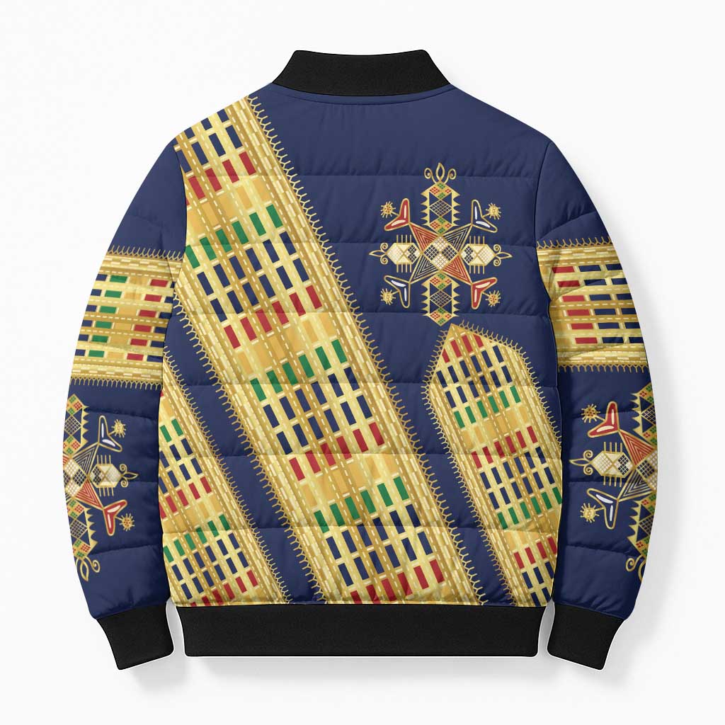 Habesha Kemis Inspired Tilet Pattern Bomber Puffer Jacket Royal Blue - Gold