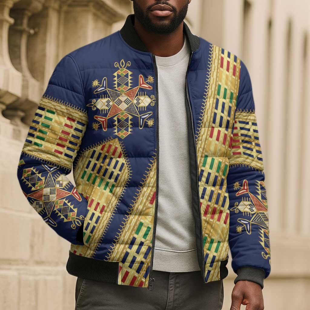 Habesha Kemis Inspired Tilet Pattern Bomber Puffer Jacket Royal Blue - Gold