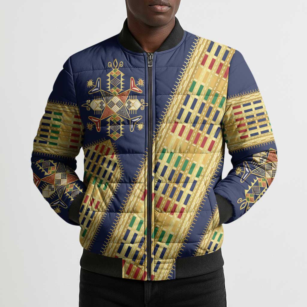 Habesha Kemis Inspired Tilet Pattern Bomber Puffer Jacket Royal Blue - Gold