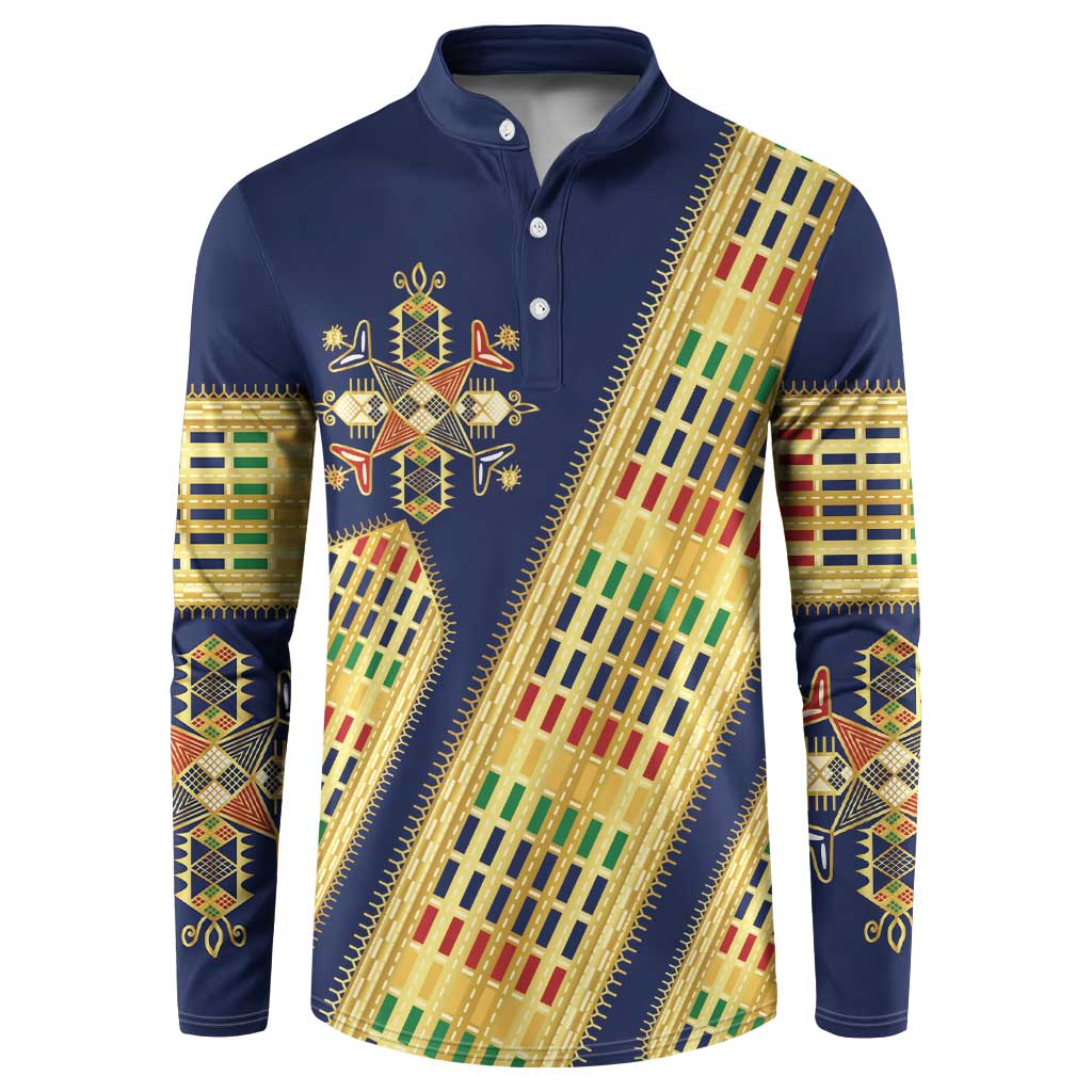 Habesha Kemis Inspired Tilet Pattern Button Sweatshirt Royal Blue - Gold