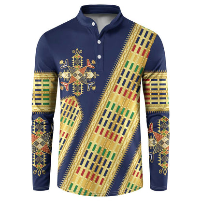 Habesha Kemis Inspired Tilet Pattern Button Sweatshirt Royal Blue - Gold