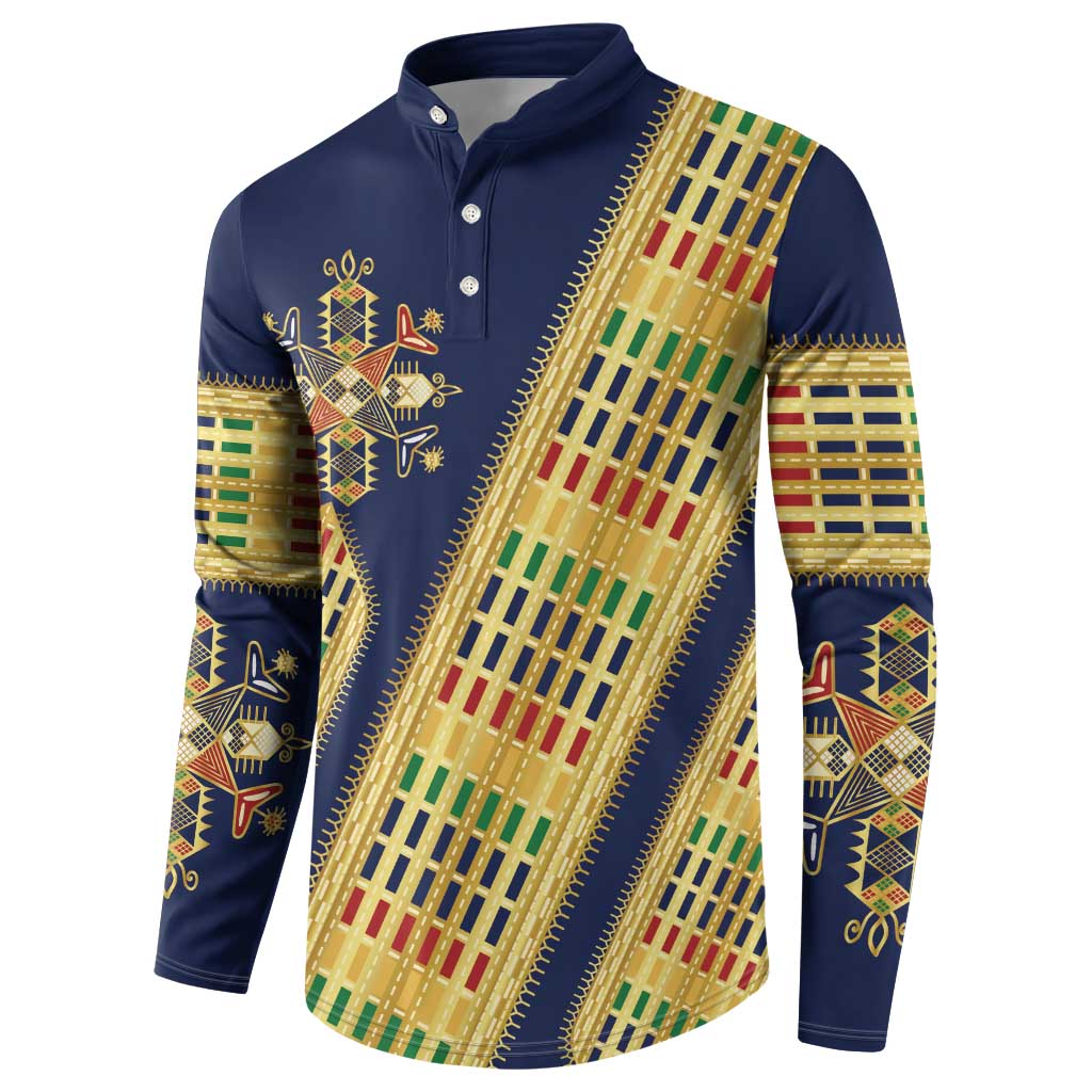 Habesha Kemis Inspired Tilet Pattern Button Sweatshirt Royal Blue - Gold