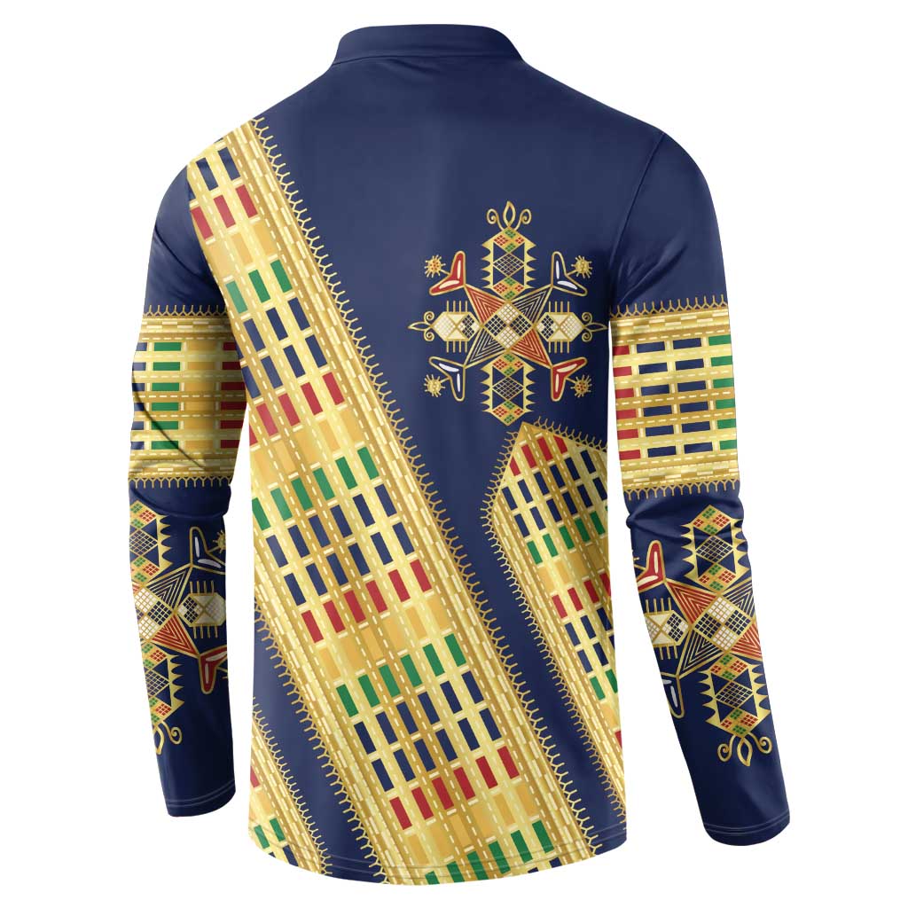 Habesha Kemis Inspired Tilet Pattern Button Sweatshirt Royal Blue - Gold