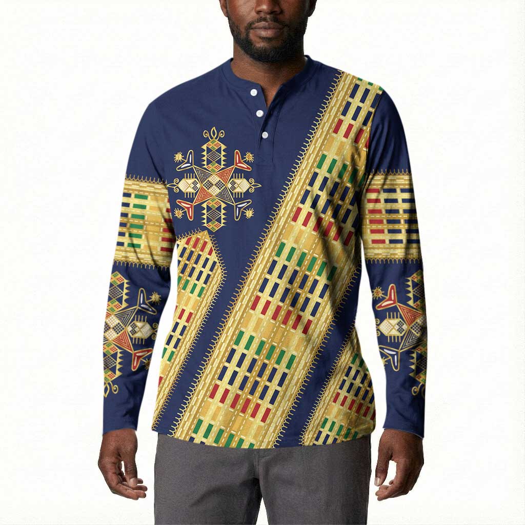 Habesha Kemis Inspired Tilet Pattern Button Sweatshirt Royal Blue - Gold