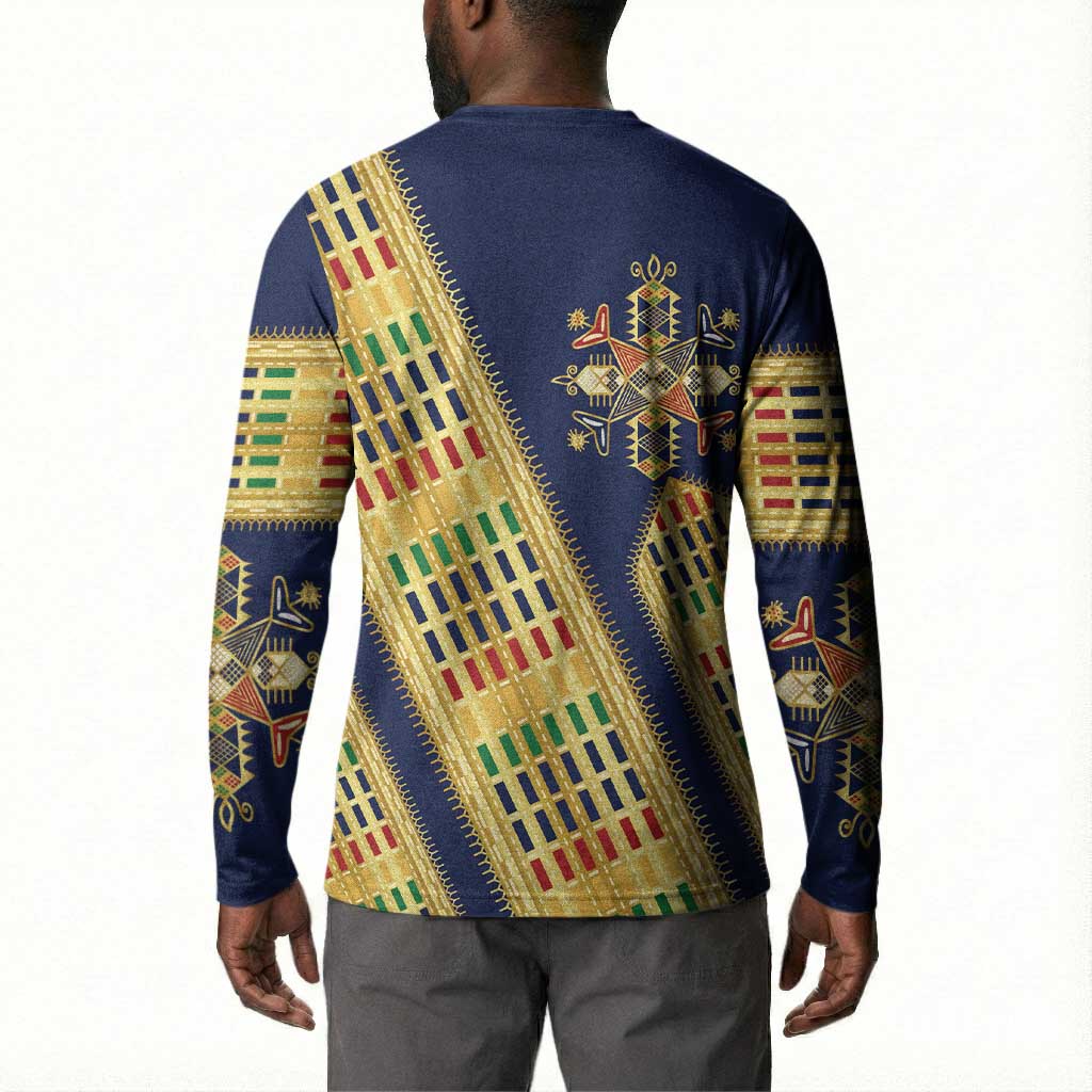 Habesha Kemis Inspired Tilet Pattern Button Sweatshirt Royal Blue - Gold