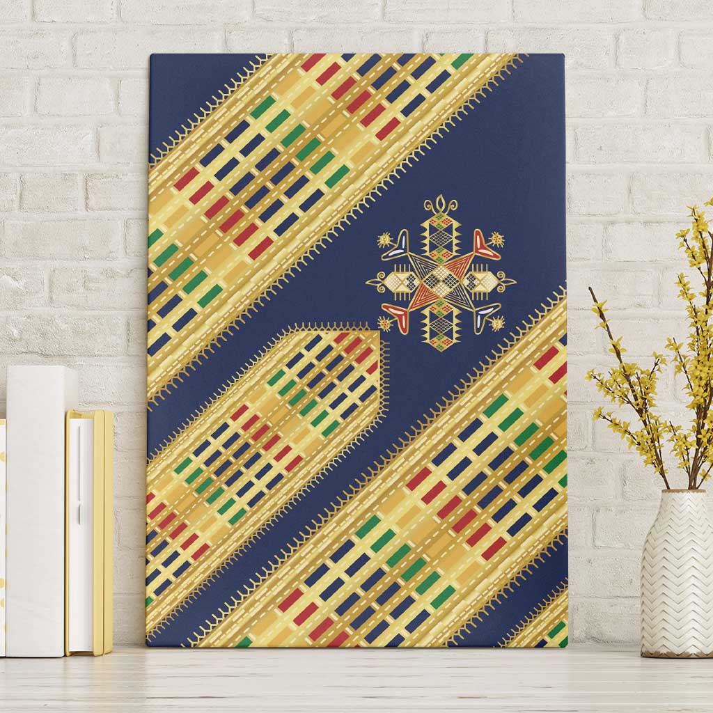 Habesha Kemis Inspired Tilet Pattern Canvas Wall Art Royal Blue - Gold