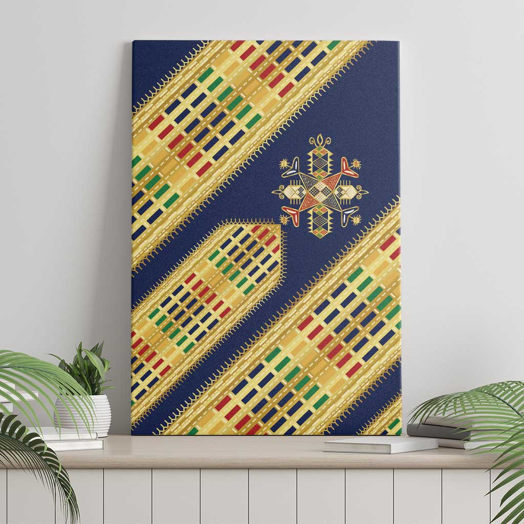 Habesha Kemis Inspired Tilet Pattern Canvas Wall Art Royal Blue - Gold