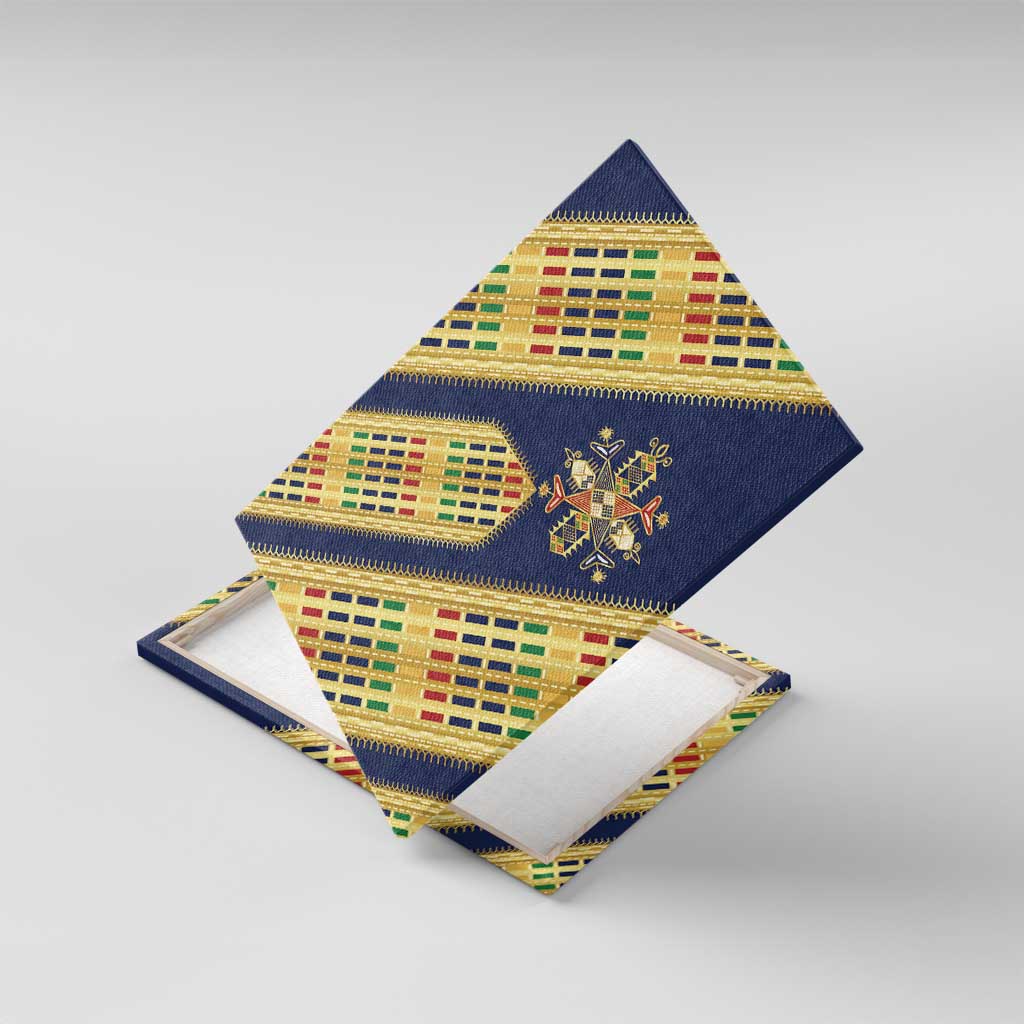 Habesha Kemis Inspired Tilet Pattern Canvas Wall Art Royal Blue - Gold