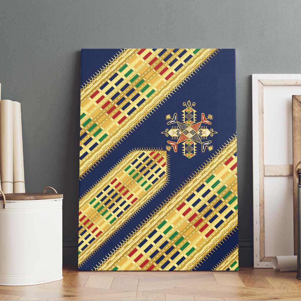 Habesha Kemis Inspired Tilet Pattern Canvas Wall Art Royal Blue - Gold