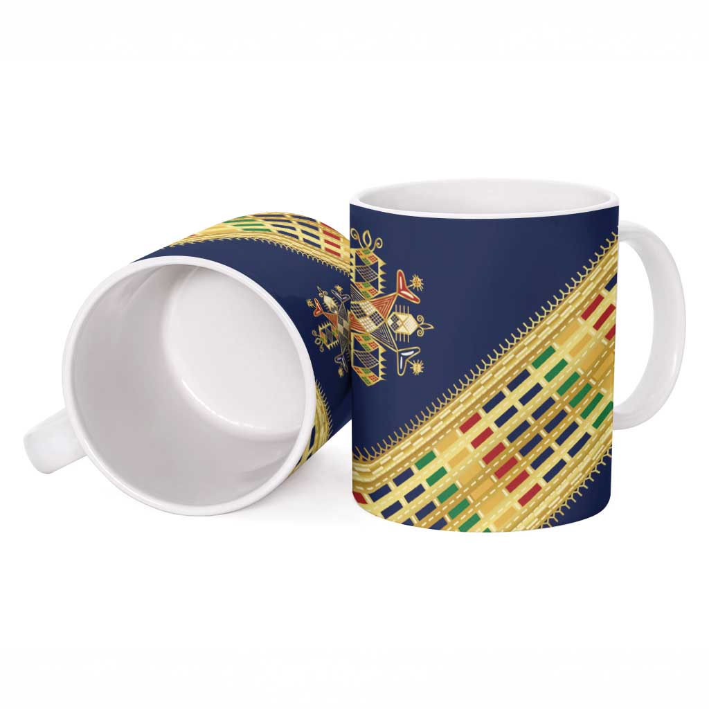 Habesha Kemis Inspired Tilet Pattern Ceramic Mug Royal Blue - Gold
