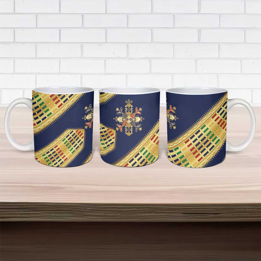 Habesha Kemis Inspired Tilet Pattern Ceramic Mug Royal Blue - Gold
