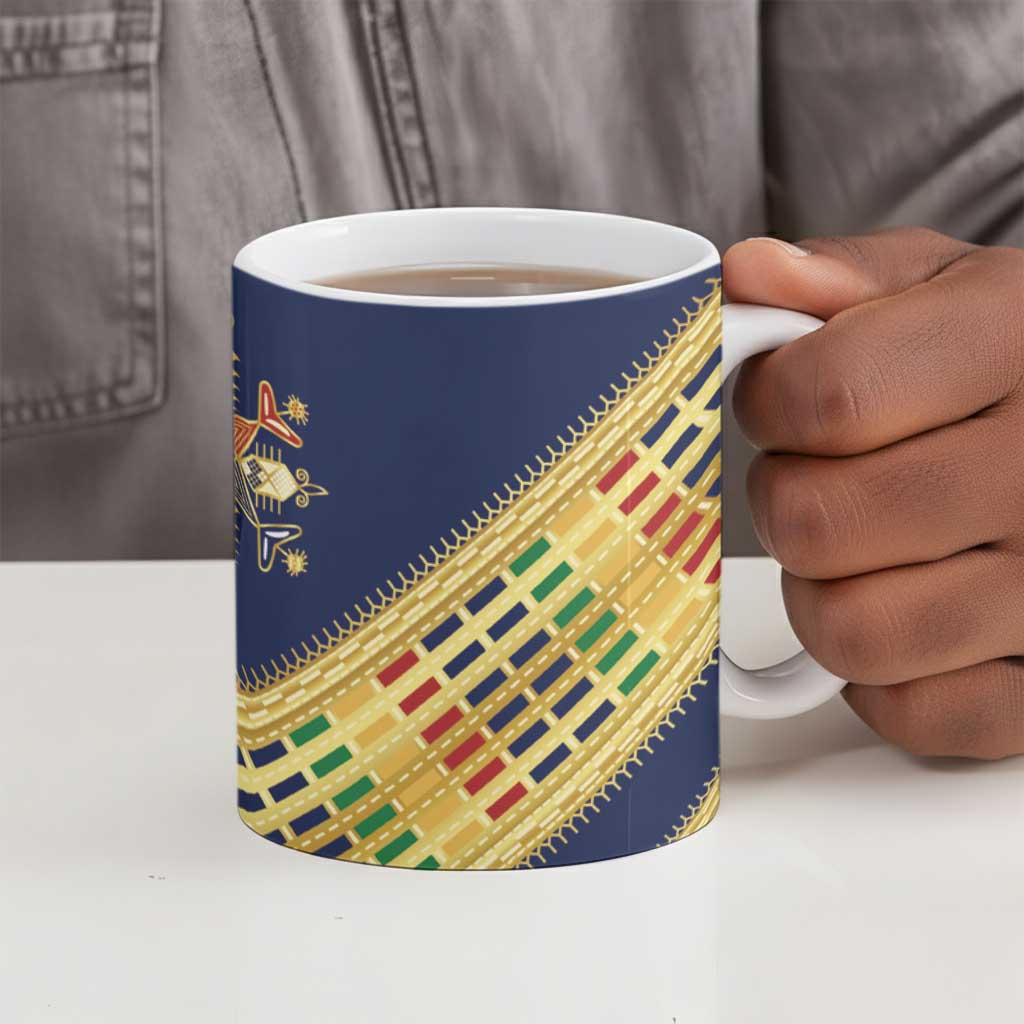 Habesha Kemis Inspired Tilet Pattern Ceramic Mug Royal Blue - Gold