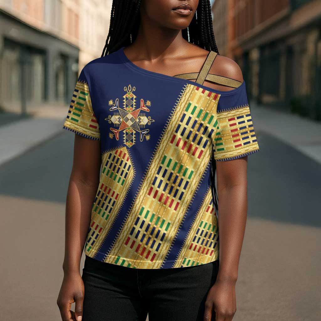 Habesha Kemis Inspired Tilet Pattern Cross Shoulder Shirt Royal Blue - Gold
