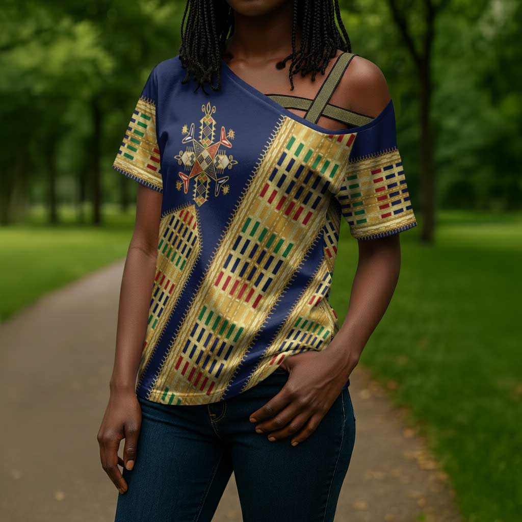 Habesha Kemis Inspired Tilet Pattern Cross Shoulder Shirt Royal Blue - Gold