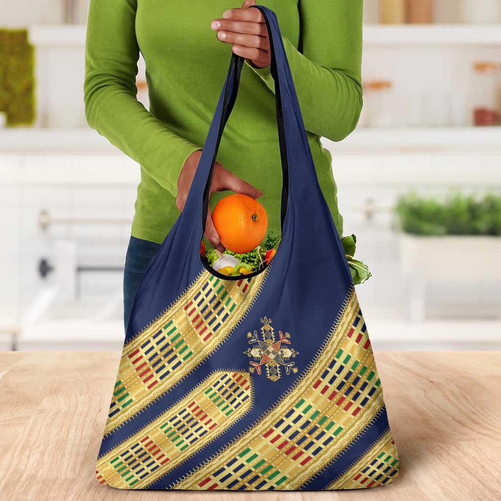 Habesha Kemis Inspired Tilet Pattern Grocery Bag Royal Blue - Gold