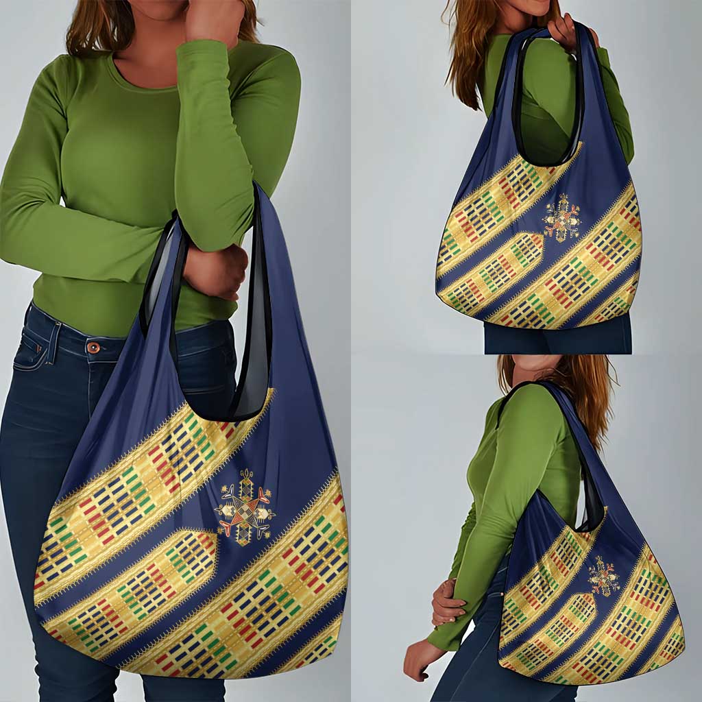 Habesha Kemis Inspired Tilet Pattern Grocery Bag Royal Blue - Gold