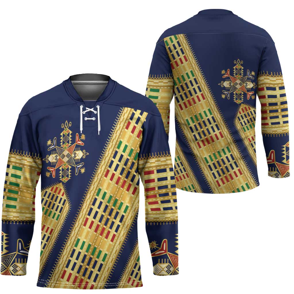 Habesha Kemis Inspired Tilet Pattern Hockey Jersey Royal Blue - Gold