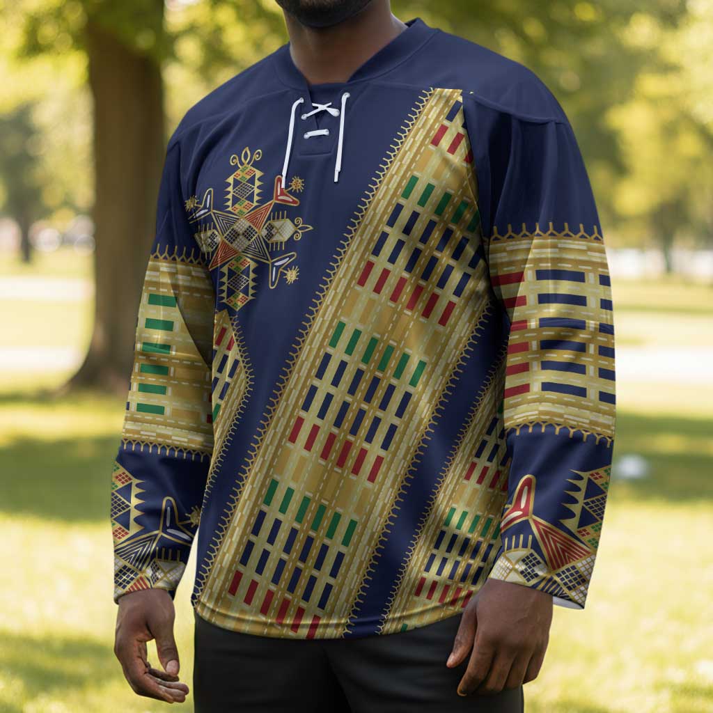 Habesha Kemis Inspired Tilet Pattern Hockey Jersey Royal Blue - Gold