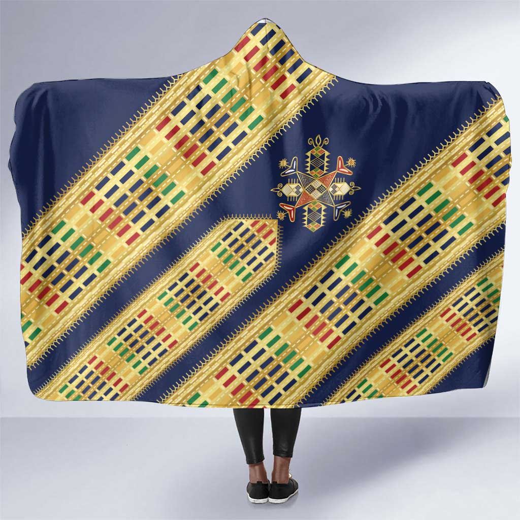 Habesha Kemis Inspired Tilet Pattern Hooded Blanket Royal Blue - Gold